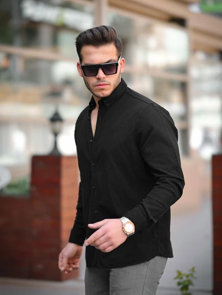 Krinkıl Pamuklu Keten Gömlek - Siyah ürün görseli