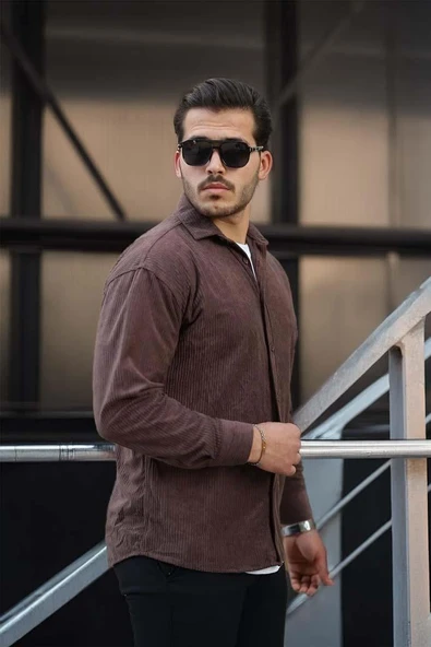 Fitilli Erkek Kadife Gömlek - Kahve - Resim 4