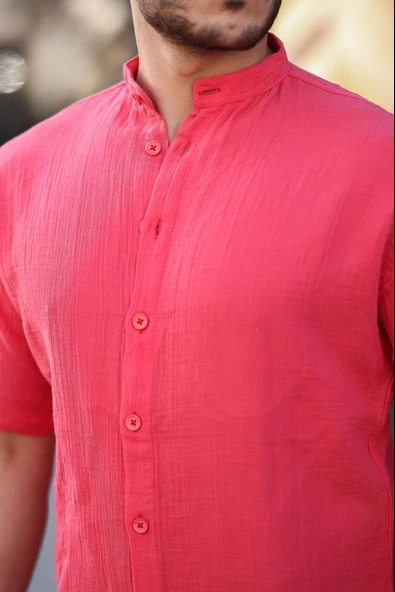Hakim Yaka Müslin Kumaş Kısa Kol Gömlek - Nar - Resim 2