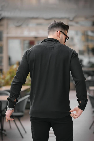 Fitilli Bowling Yaka Uzun Kollu Gömlek - Siyah - 4