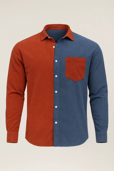 Kontrast Çift Renk Fitilli Kadife Gömlek - Açık Kiremit ürün görseli