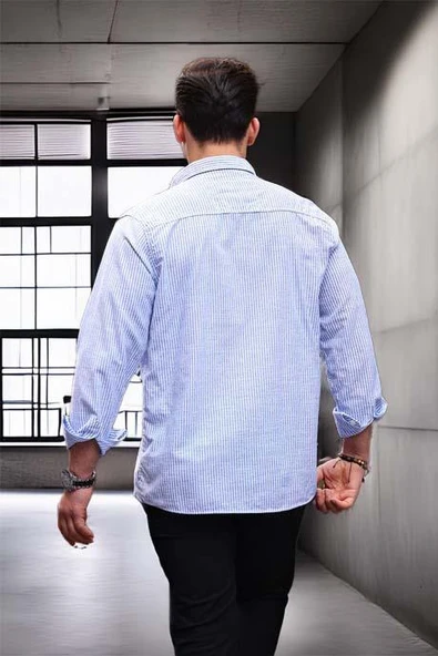 Dik Şerit Çizgili Flamlı Pamuk Gömlek - Mavi - 4