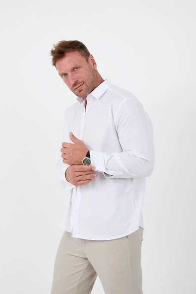 Likralı Regular Fit Nefes Alabilir Klasik Erkek Oxford Gömlek - Beyaz - 6