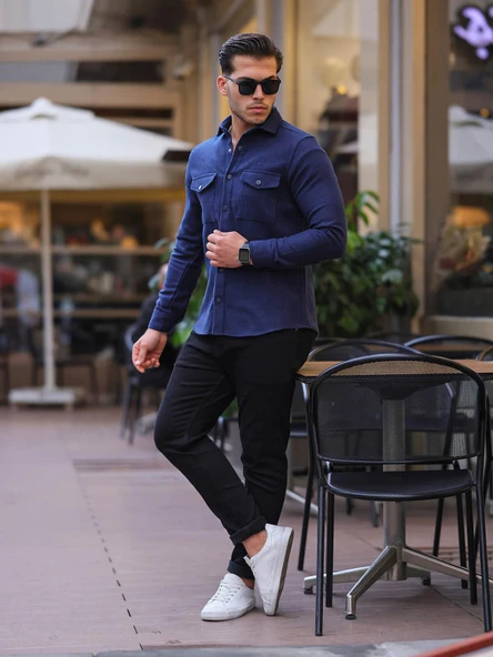 Çift Cep Kapaklı Kaşe Gömlek - Lacivert - 5