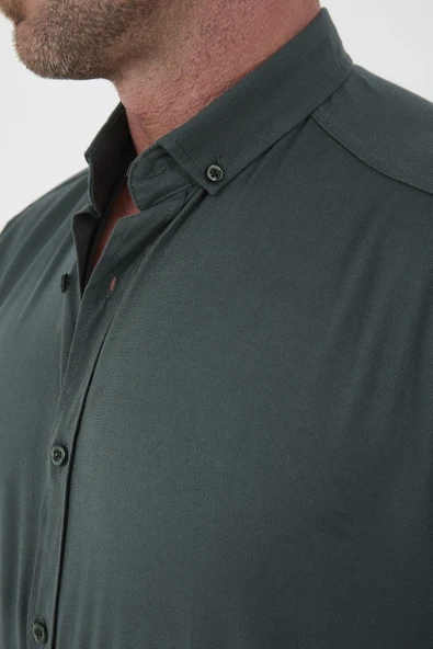 Likralı Regular Fit Nefes Alabilir Klasik Erkek Oxford Gömlek - Çam Yeşili - 3
