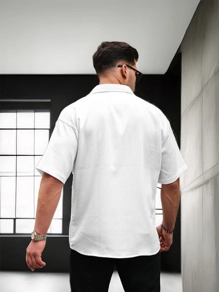 Oversize Rahat Fitilli Kısa Kol Erkek Gömlek - Beyaz - 4