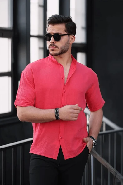 Hakim Yaka Müslin Kumaş Kısa Kol Gömlek - Nar ürün görseli