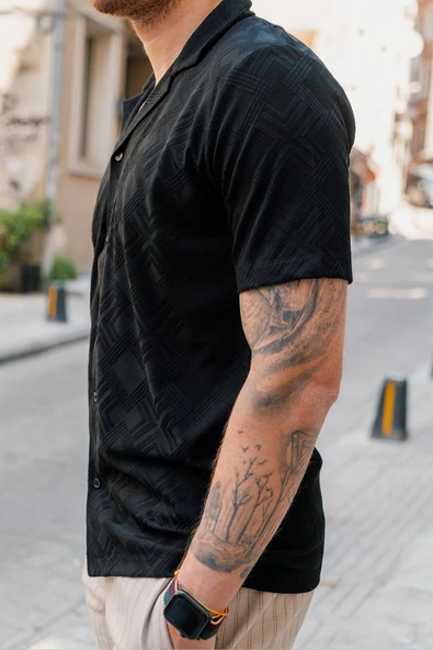 Siyah Erkek Jakarlı Desenli Kısa Kollu Relaxed Gömlek - Resim 4