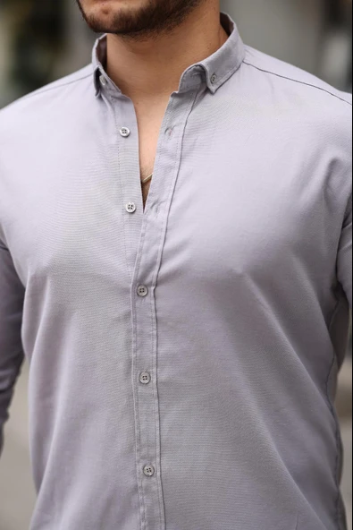 Likralı Regular Fit Nefes Alabilir Klasik Erkek Oxford Gömlek -Taş - 2