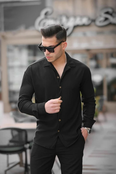 Fitilli Bowling Yaka Uzun Kollu Gömlek - Siyah - 2