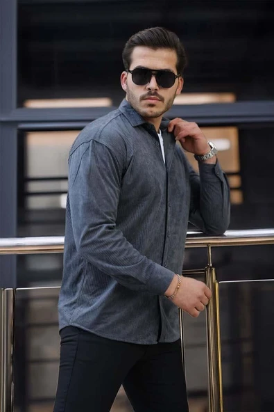 Fitilli Erkek Kadife Gömlek - Füme - 4