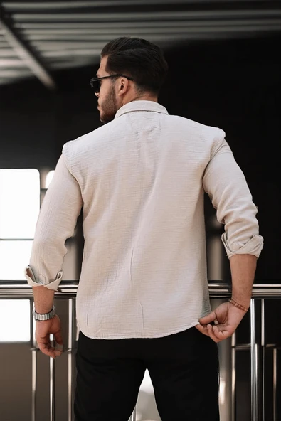 Nefes Alabilir Yarım Oversize Müslin Kumaş Uzun Kol Yakalı Erkek Gömlek - Bej - 3