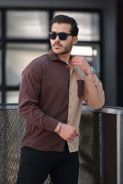 Kontrast Çift Renk Fitilli Kadife Gömlek - Kahve - 2