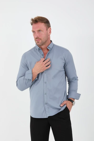 Likralı Regular Fit Nefes Alabilir Klasik Erkek Oxford Gömlek - Füme - 7