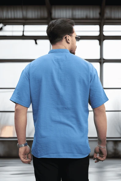 Oversize Yarım Pat Bambu Kısa kol Gömlek - Mavi - 5