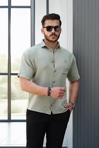 Müslin Kumaş Tek Cepli Gömlek- Açık Haki - 3