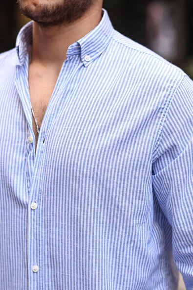 Dik Şerit Çizgili Flamlı Pamuk Gömlek - Mavi - 2