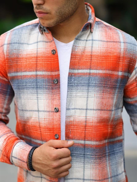 Şeritli Oduncu Fit Gömlek -  Turuncu - 3