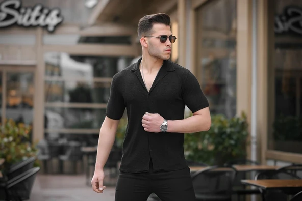 Premium Desenli Kısa Kol Gömlek - Siyah - Resim 5