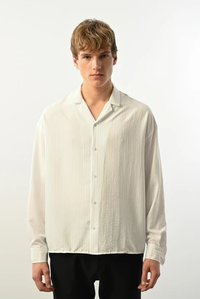 Viskon Dikey Çizgili Rahat Kalıp Erkek Gömlek - Beyaz - Resim 4