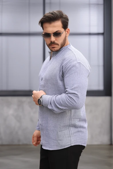 Çizgili Müslin Kumaş Yarım Pat Erkek Gömlek - Siyah