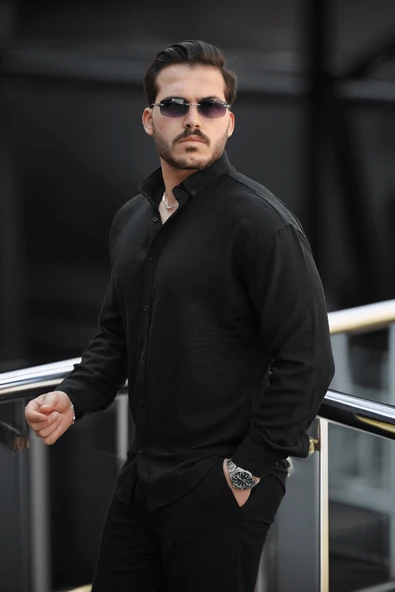 Pera Kumaş Keten Görünümlü Yarım Oversize Uzun kollu Erkek Gömlek - Siyah - 3