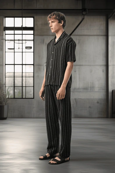 Bohem Çizgili Örme Kumaş Erkek Gömlek - Siyah - 3