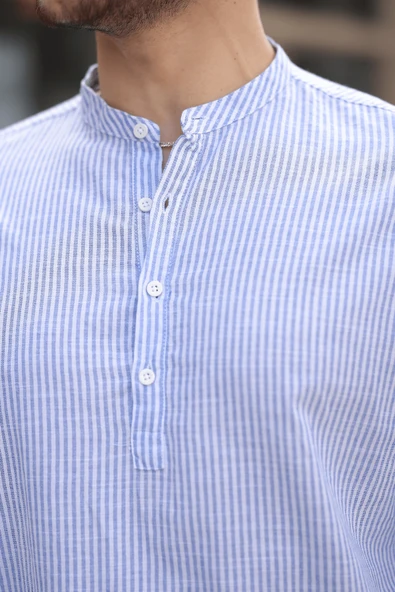 Yarım Pat Dik Şeritli Flam Keten Erkek Gömlek - Mavi - 5