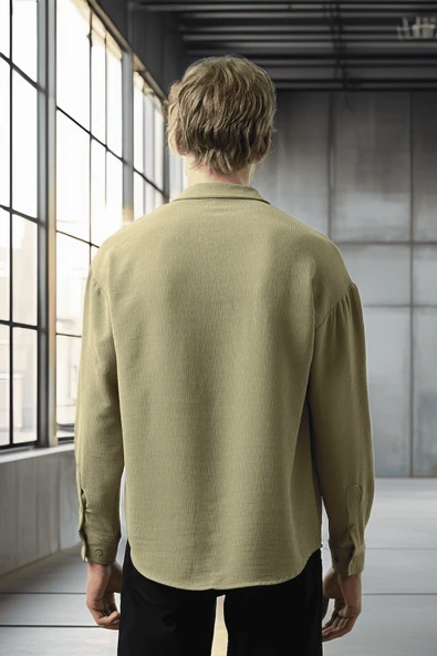 Apaş Yaka Uzun Kol Dokulu Erkek Gömlek - Çağla - 5