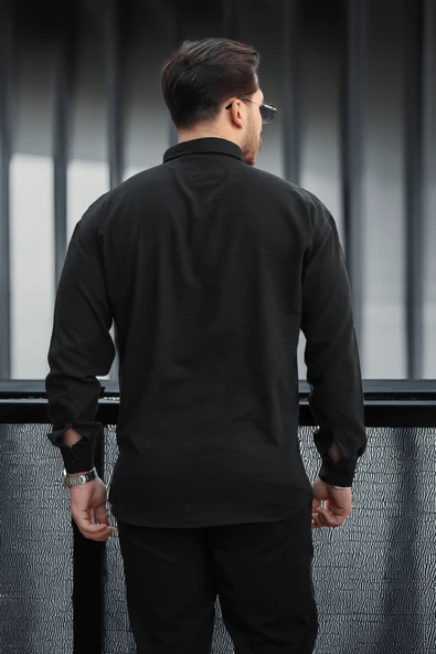 Pera Kumaş Keten Görünümlü Yarım Oversize Uzun kollu Erkek Gömlek - Siyah - 5