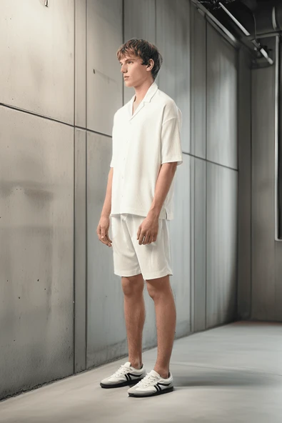 Apaş Yaka Kısa Kol Dokulu Erkek Gömlek - Ekru - 3