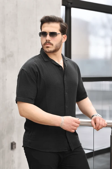 Yarım Oversize Apaş Yaka Kısa Kol Müslin Kumaş Erkek Gömlek - Siyah - 4