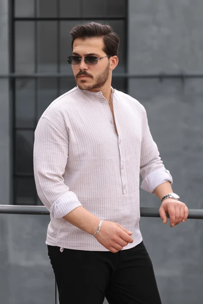 Çizgili Müslin Kumaş Yarım Pat Erkek Gömlek - Bej - 4