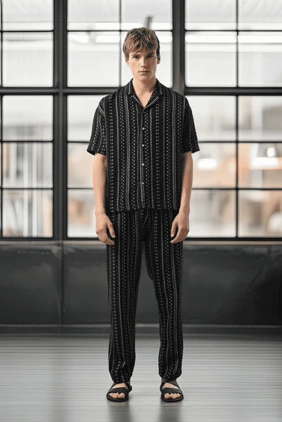 Bohem Çizgili Örme Kumaş Erkek Gömlek - Siyah - 4