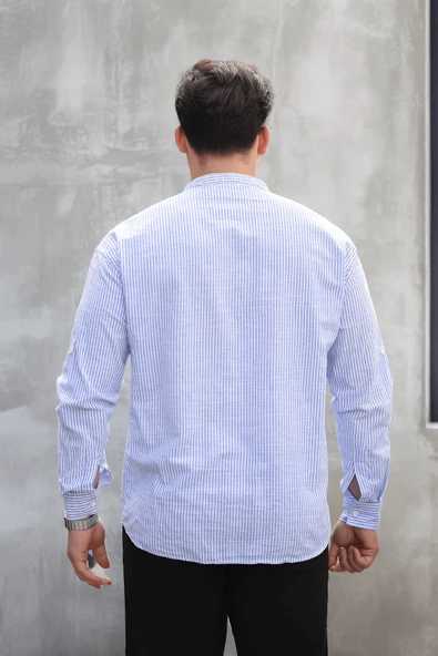 Yarım Pat Dik Şeritli Flam Keten Erkek Gömlek - Mavi - 4