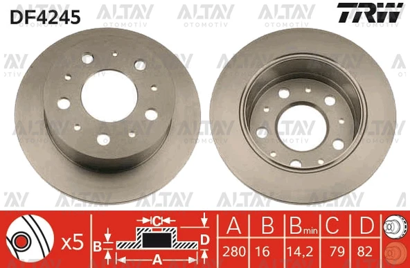 TRW-DF4245 FREN DİSKİ DUCATO III 06-14 / BOXER III 06-14 / JUMPER III 06-14 ARKA DÜZ 16 JANT 280-5 (YÜKSEKLİK 82mm)