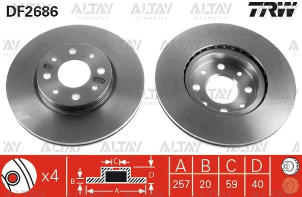 TRW-DF2686 FREN DİSKİ ALBEA 03-07 / DOBLO I 01-10 / TEMPRA 2.0 90-96 / TIPO 2.0 90-96 / ÖN HAVALI 257-4 (SET)