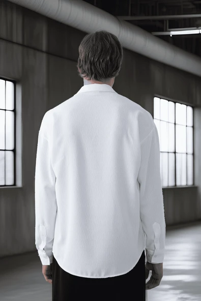 Apaş Yaka Uzun Kol Dokulu Erkek Gömlek - Ekru - 5