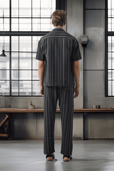 Bohem Çizgili Örme Kumaş Erkek Gömlek - Petrol - Resim 5