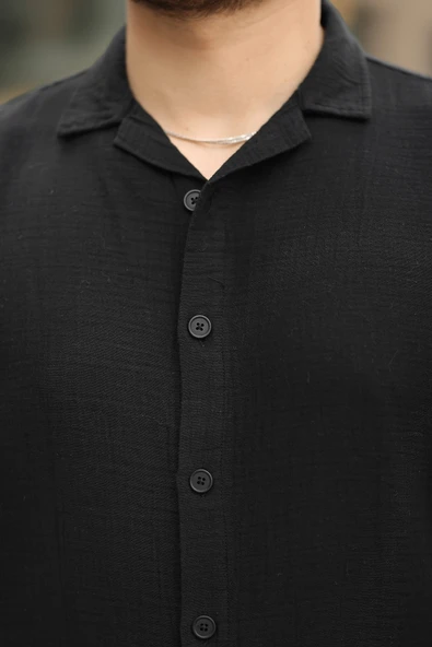 Yarım Oversize Apaş Yaka Kısa Kol Müslin Kumaş Erkek Gömlek - Siyah - 2