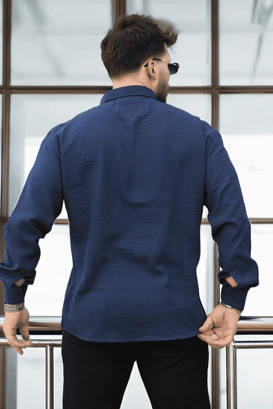 Pera Kumaş Keten Görünümlü Yarım Oversize Uzun kollu Erkek Gömlek - Lacivert - 5