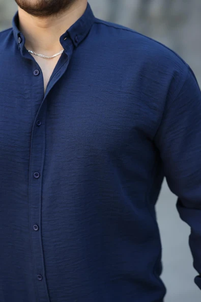 Pera Kumaş Keten Görünümlü Yarım Oversize Uzun kollu Erkek Gömlek - Lacivert - 2