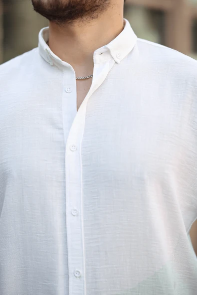 Pera Kumaş Keten Görünümlü Yarım Oversize Uzun kollu Erkek Gömlek - Beyaz - 2