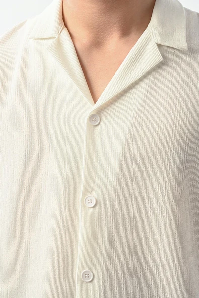 Apaş Yaka Kısa Kol Dokulu Erkek Gömlek - Ekru - 2