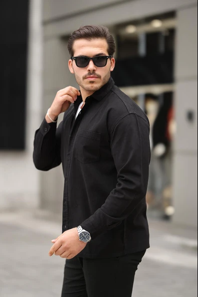 Tek Cepli Oversize Gabardin Kumaş Erkek Gömlek - Siyah - Resim 5