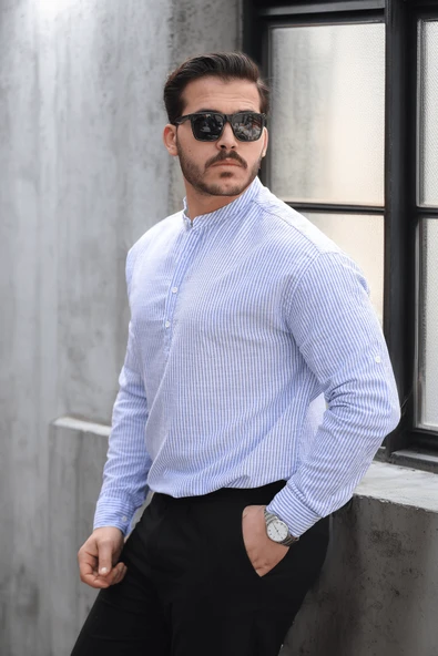 Yarım Pat Dik Şeritli Flam Keten Erkek Gömlek - Mavi - 2