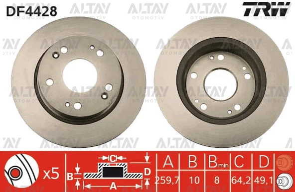 TRW-DF4428 FREN DİSKİ ACCORD 03-08 / CIVIC 02-07 TYPE-R / ARKA DÜZ 260-5 (SET)