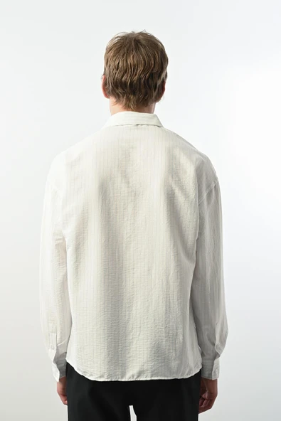 Viskon Dikey Çizgili Rahat Kalıp Erkek Gömlek - Beyaz - Resim 5