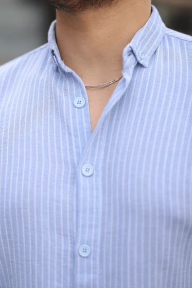 Çizgili Müslin Kumaş Yakalı Erkek Gömlek - Mavi - 3