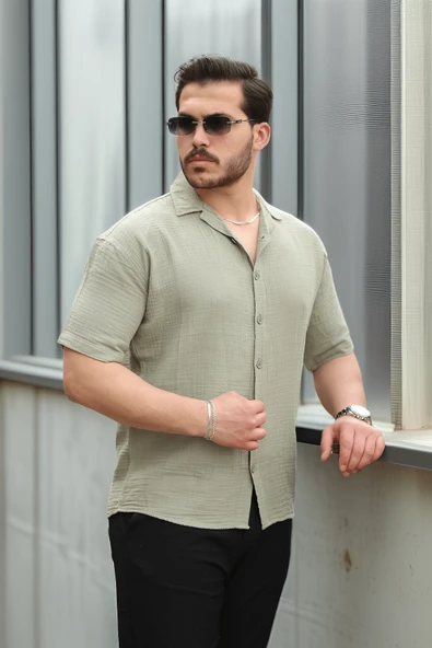 Yarım Oversize Apaş Yaka Kısa Kol Müslin Kumaş Erkek Gömlek - Haki - Resim 4